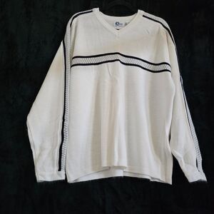 Arizona Jean Co Men's L Crew Neck Sweater White Black Chest Stripe Y2K